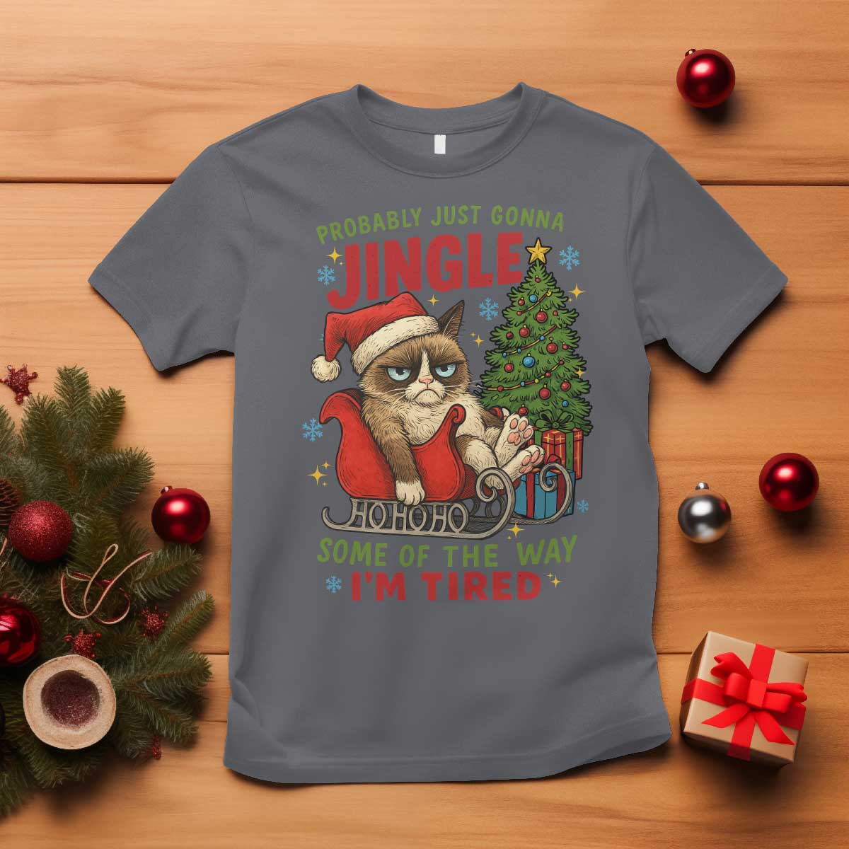 Funny Christmas Grumpy Cat T Shirt Probably Just Gonna Jingle Some Of The Way I Am Tired - Wonder Print Shop