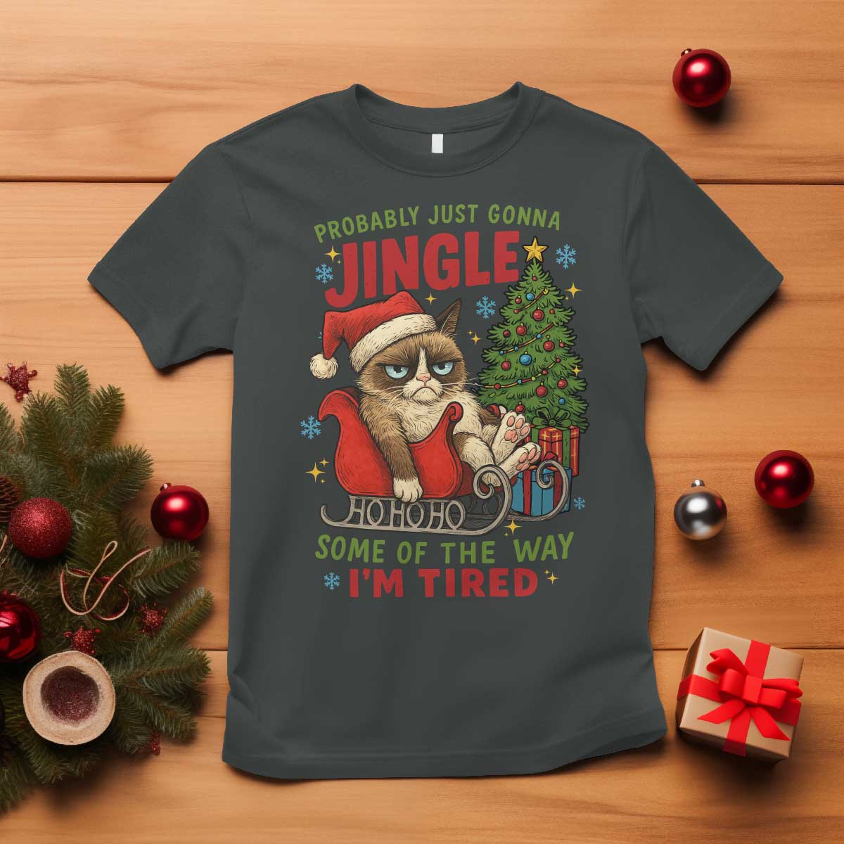 Funny Christmas Grumpy Cat T Shirt Probably Just Gonna Jingle Some Of The Way I Am Tired - Wonder Print Shop