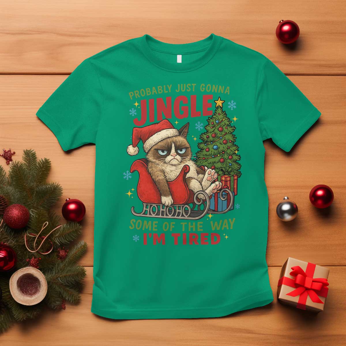 Funny Christmas Grumpy Cat T Shirt Probably Just Gonna Jingle Some Of The Way I Am Tired - Wonder Print Shop