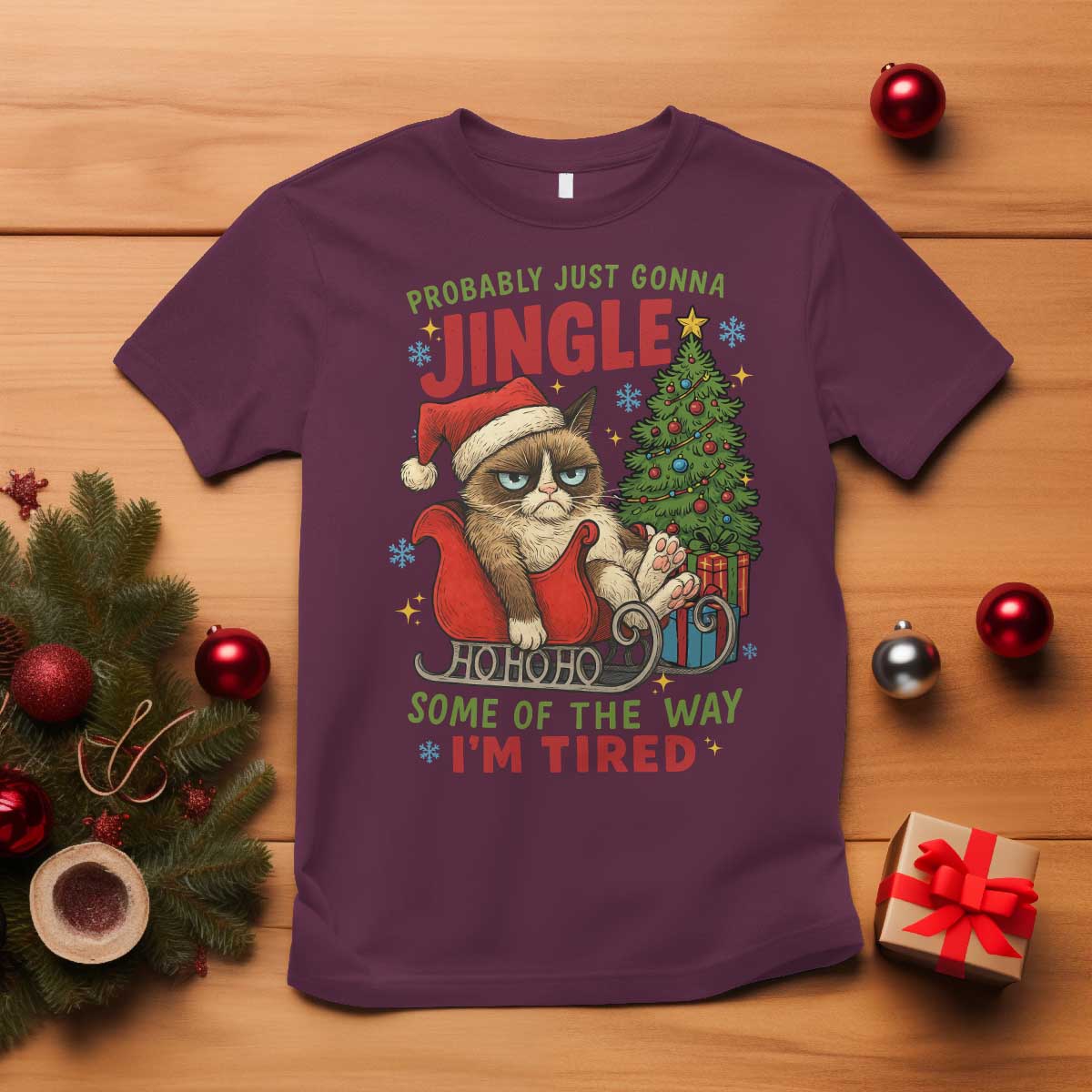 Funny Christmas Grumpy Cat T Shirt Probably Just Gonna Jingle Some Of The Way I Am Tired - Wonder Print Shop