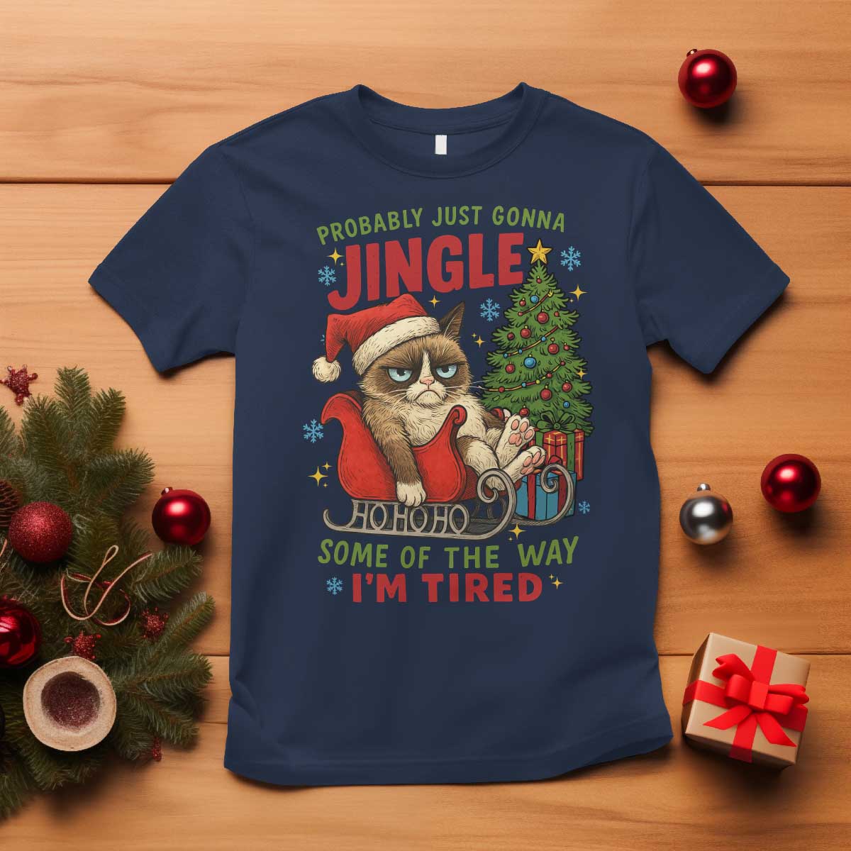 Funny Christmas Grumpy Cat T Shirt Probably Just Gonna Jingle Some Of The Way I Am Tired - Wonder Print Shop