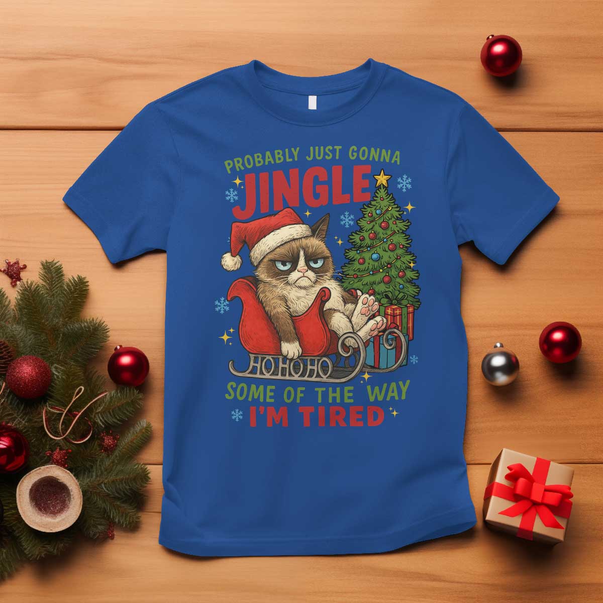 Funny Christmas Grumpy Cat T Shirt Probably Just Gonna Jingle Some Of The Way I Am Tired - Wonder Print Shop