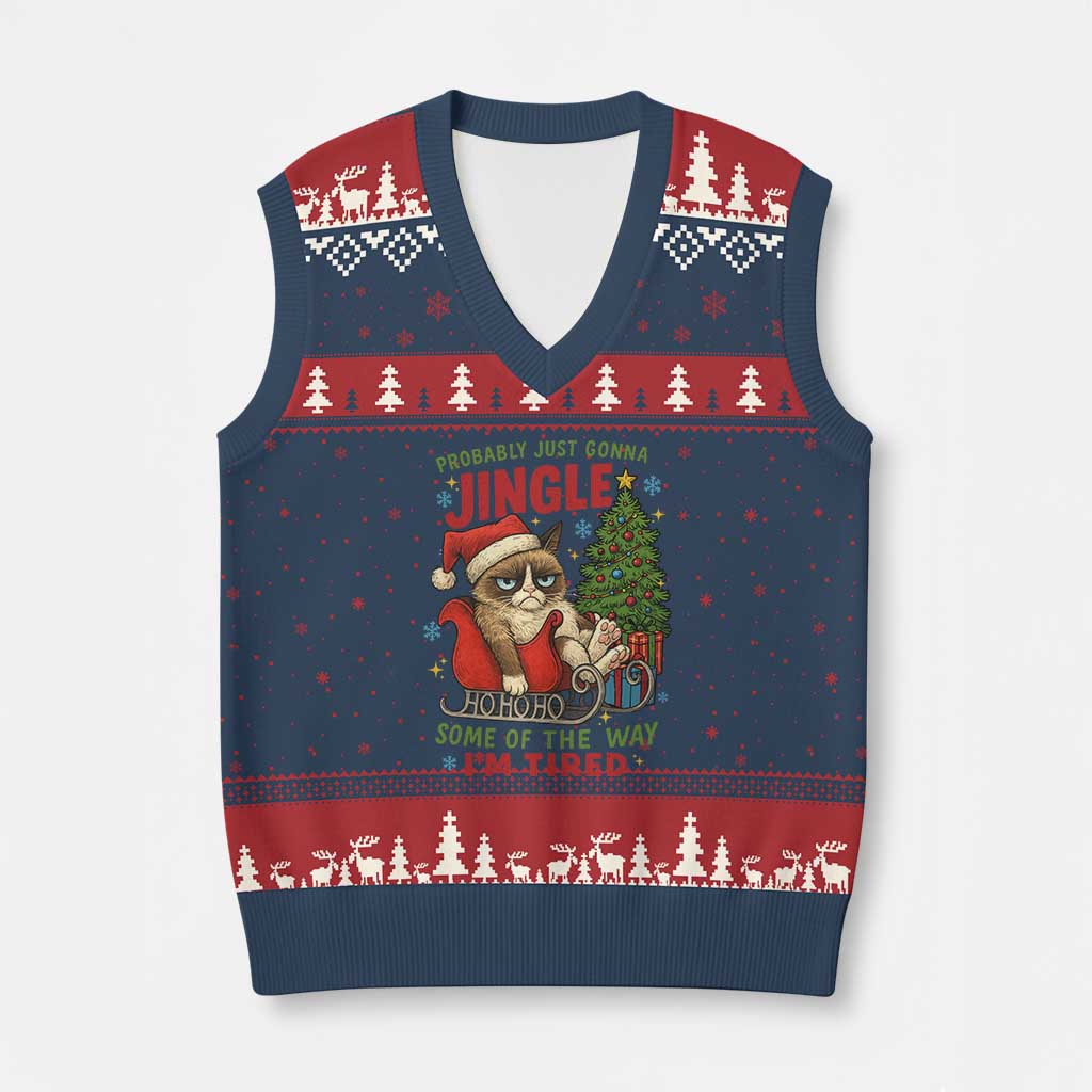 Funny Xmas Grumpy Cat V-Neck Knit Sweater Vest Probably Just Gonna Jingle Some Of The Way I Am Tired - Wonder Print Shop