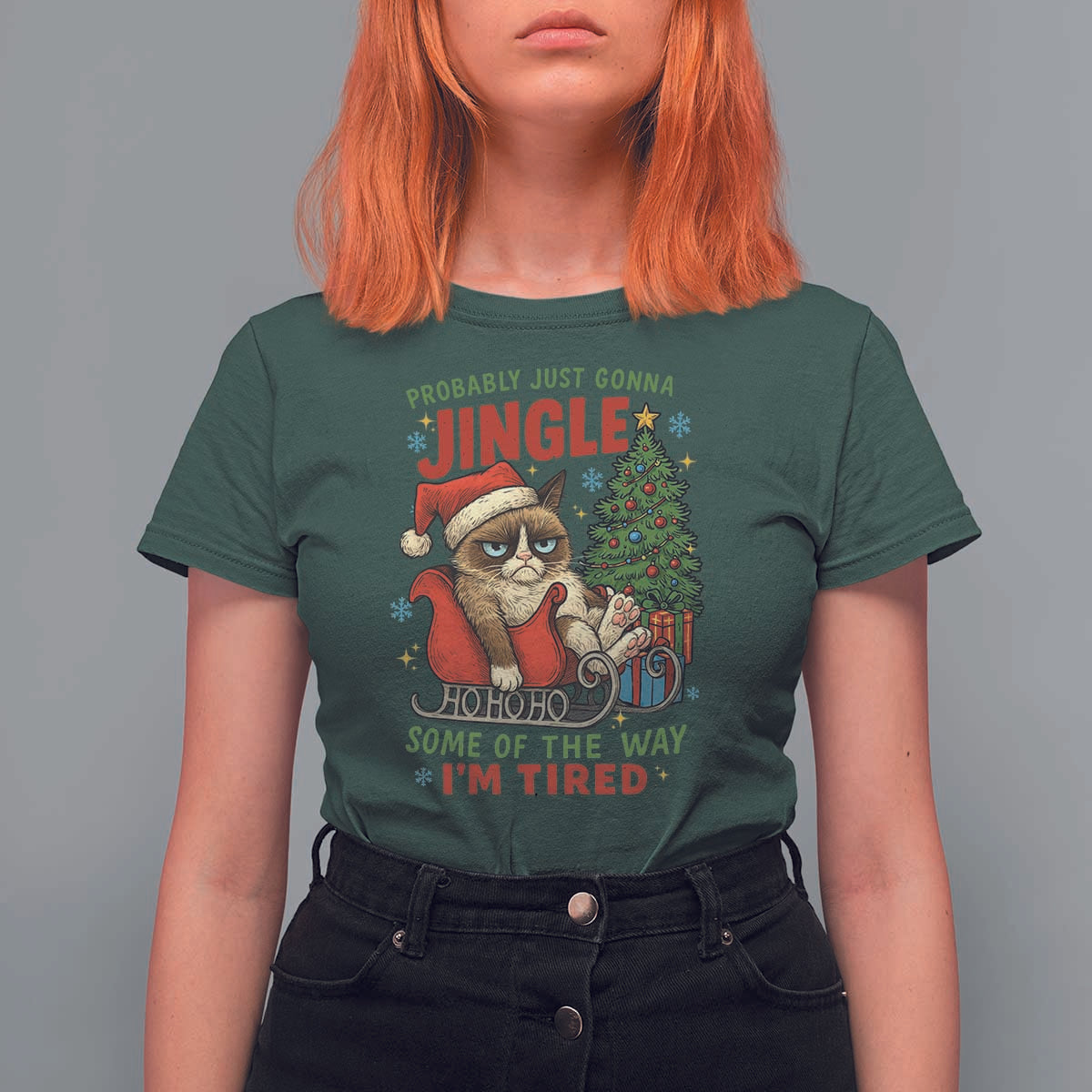 Funny Christmas Grumpy Cat T Shirt For Women Probably Just Gonna Jingle Some Of The Way I Am Tired - Wonder Print Shop