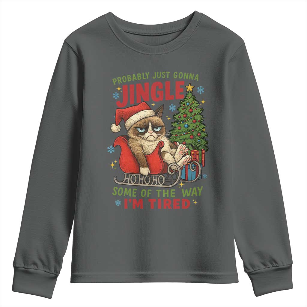 Funny Christmas Grumpy Cat Youth Sweatshirt Probably Just Gonna Jingle Some Of The Way I Am Tired - Wonder Print Shop
