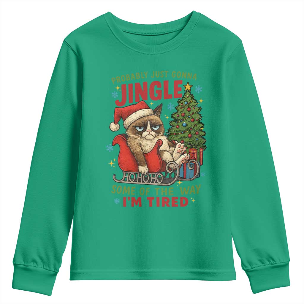 Funny Christmas Grumpy Cat Youth Sweatshirt Probably Just Gonna Jingle Some Of The Way I Am Tired - Wonder Print Shop