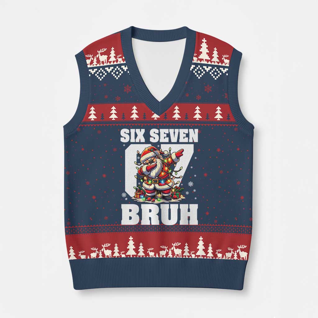Funny Xmas Six Seven Bruh V-Neck Knit Sweater Vest Dabbing Santa - Wonder Print Shop