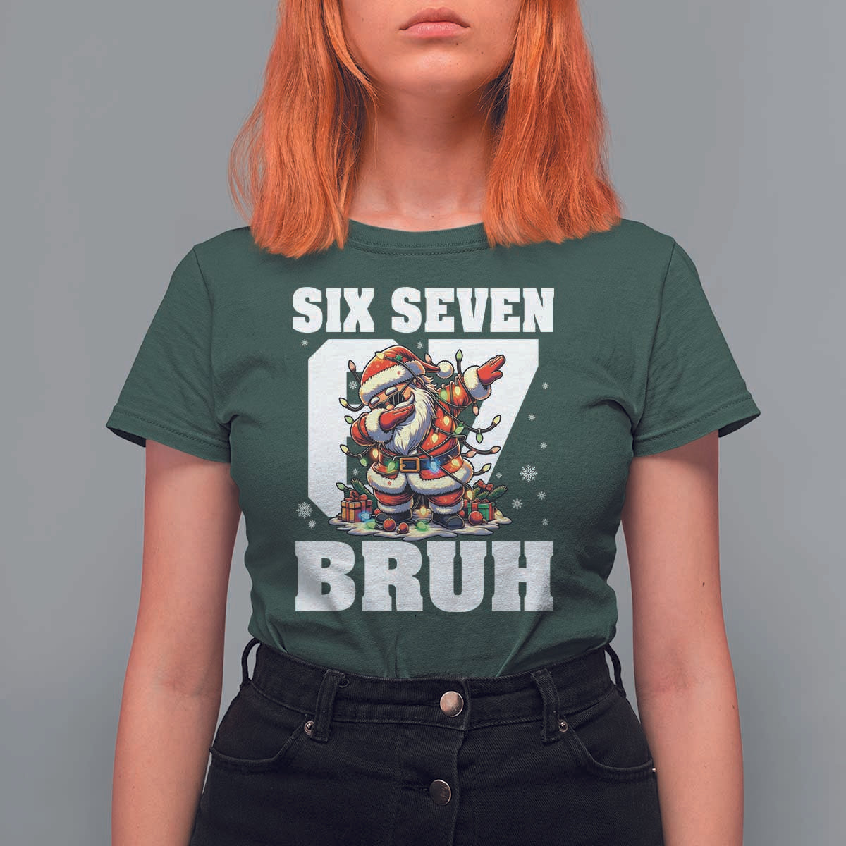 Funny Christmas Six Seven Bruh T Shirt For Women Dabbing Santa - Wonder Print Shop