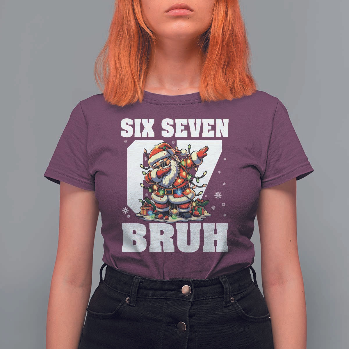 Funny Christmas Six Seven Bruh T Shirt For Women Dabbing Santa - Wonder Print Shop