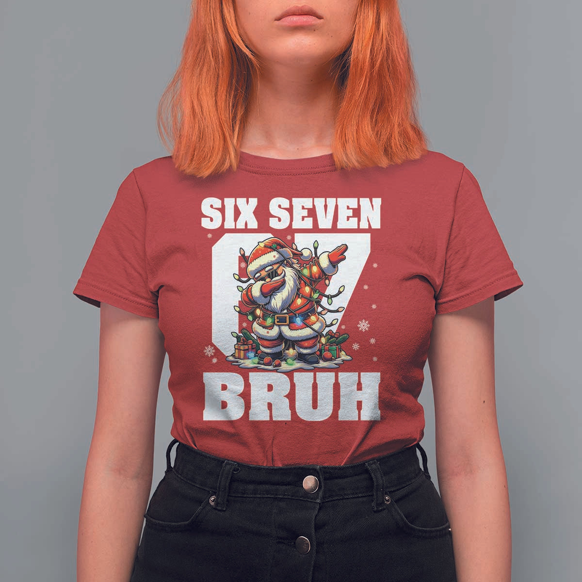 Funny Christmas Six Seven Bruh T Shirt For Women Dabbing Santa - Wonder Print Shop