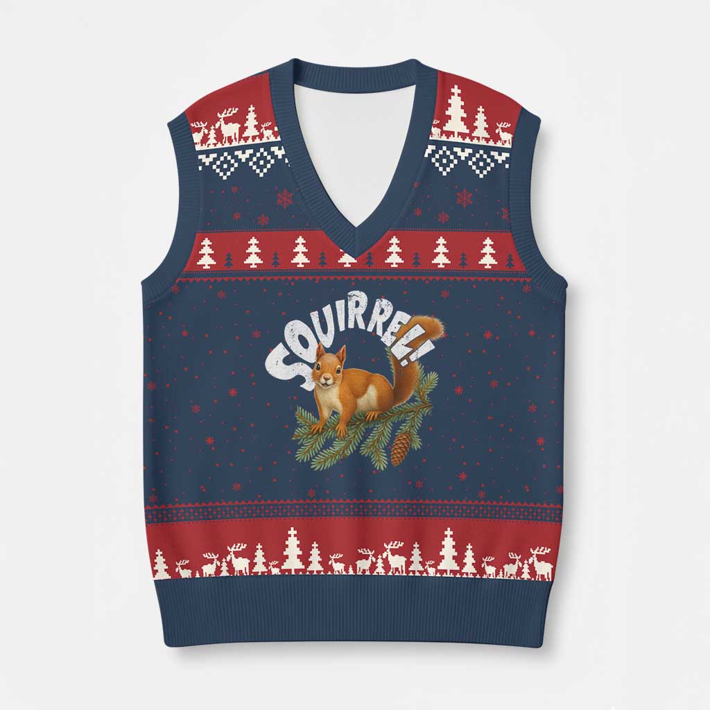 Funny Xmas Squirrel V-Neck Knit Sweater Vest Xmas Vacation Holiday Movie Pine Tree - Wonder Print Shop