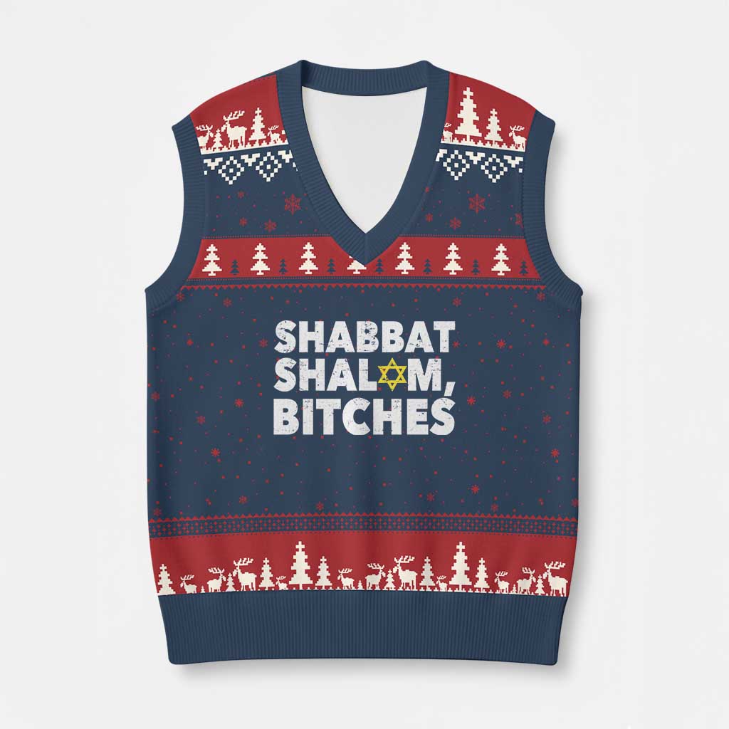 Funny Hanukkah Shabbat Shalom Bitches V-Neck Knit Sweater Vest Star Of David - Wonder Print Shop