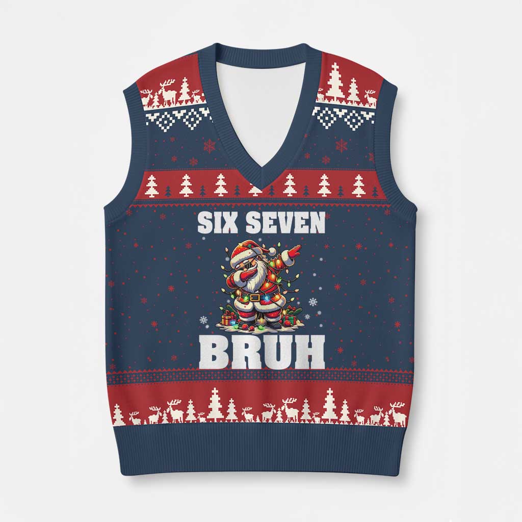 Funny Xmas 67 Six Seven Bruh V-Neck Knit Sweater Vest Dabbing Santa - Wonder Print Shop