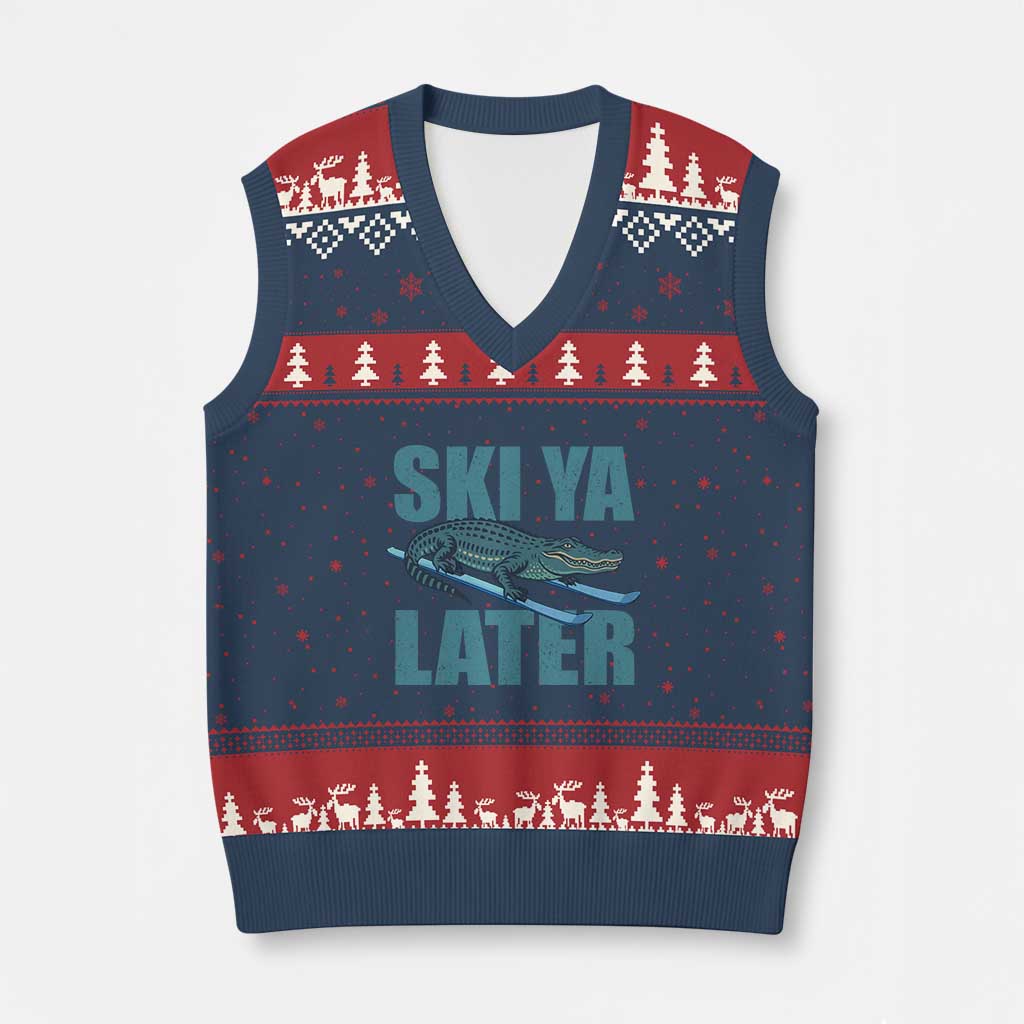 Funny Skiing Alligator V-Neck Knit Sweater Vest Ski Ya Later Skier Winter Sport - Wonder Print Shop