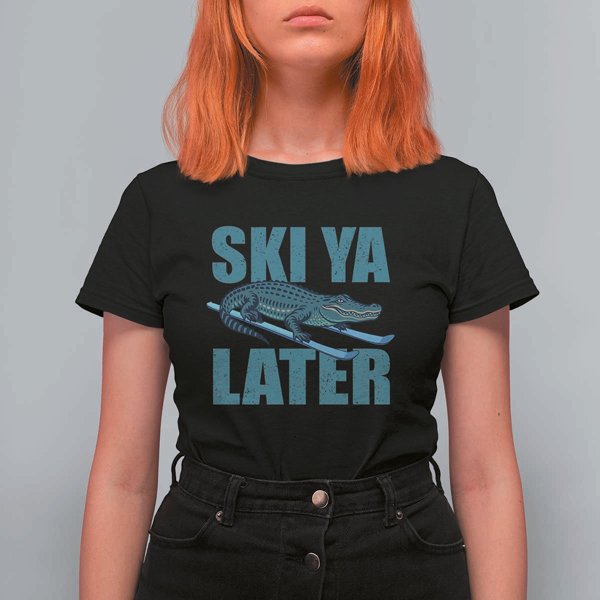 Funny Skiing Alligator T Shirt For Women Ski Ya Later Skier Winter Sport - Wonder Print Shop
