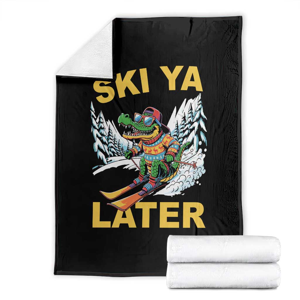 Funny Skiing Alligator Throw Blanket Ski Ya Later Skier Snow Mountain Winter Sport - Wonder Print Shop