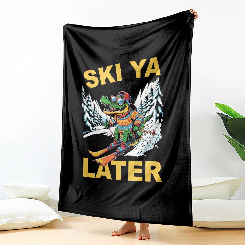 Funny Skiing Alligator Throw Blanket Ski Ya Later Skier Snow Mountain Winter Sport - Wonder Print Shop