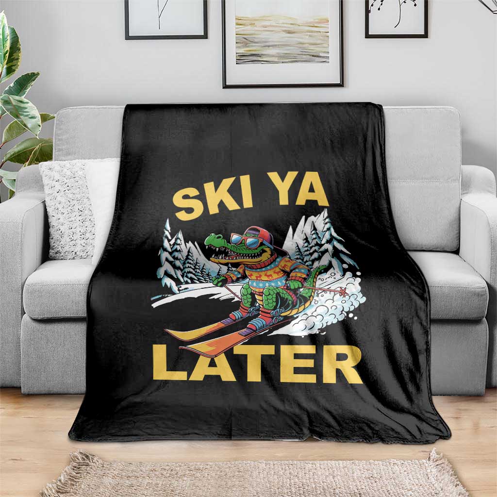 Funny Skiing Alligator Throw Blanket Ski Ya Later Skier Snow Mountain Winter Sport - Wonder Print Shop