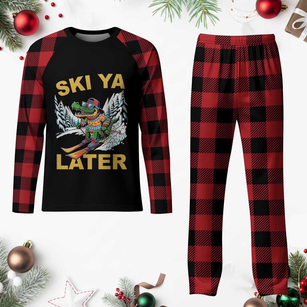 Funny Skiing Alligator Plaid Pajama Set Ski Ya Later Skier Snow Mountain Winter Sport - Wonder Print Shop