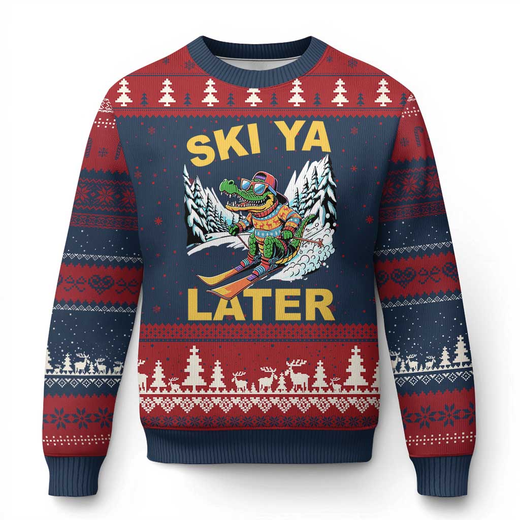 Funny Skiing Alligator Ugly Christmas Sweater Ski Ya Later Skier Snow Mountain Winter Sport - Wonder Print Shop