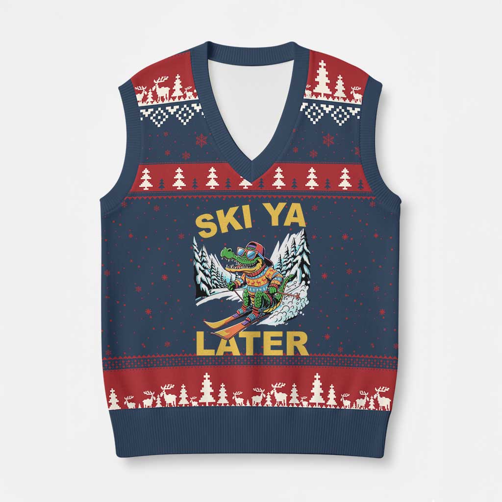 Funny Skiing Alligator V-Neck Knit Sweater Vest Ski Ya Later Skier Snow Mountain Winter Sport - Wonder Print Shop