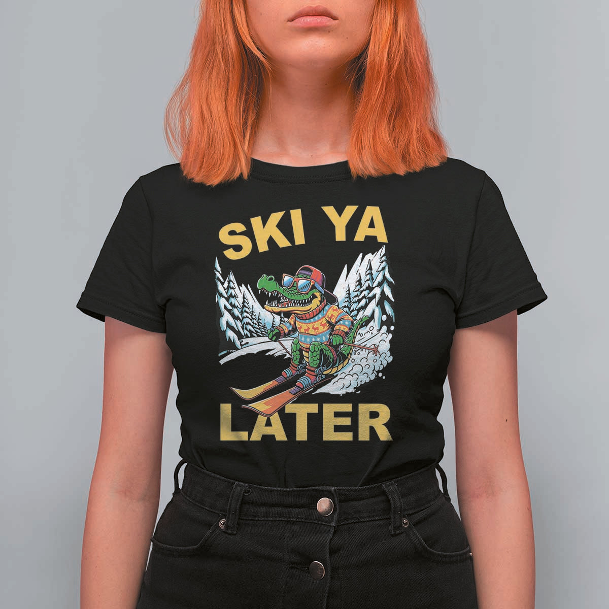 Funny Skiing Alligator T Shirt For Women Ski Ya Later Skier Snow Mountain Winter Sport - Wonder Print Shop
