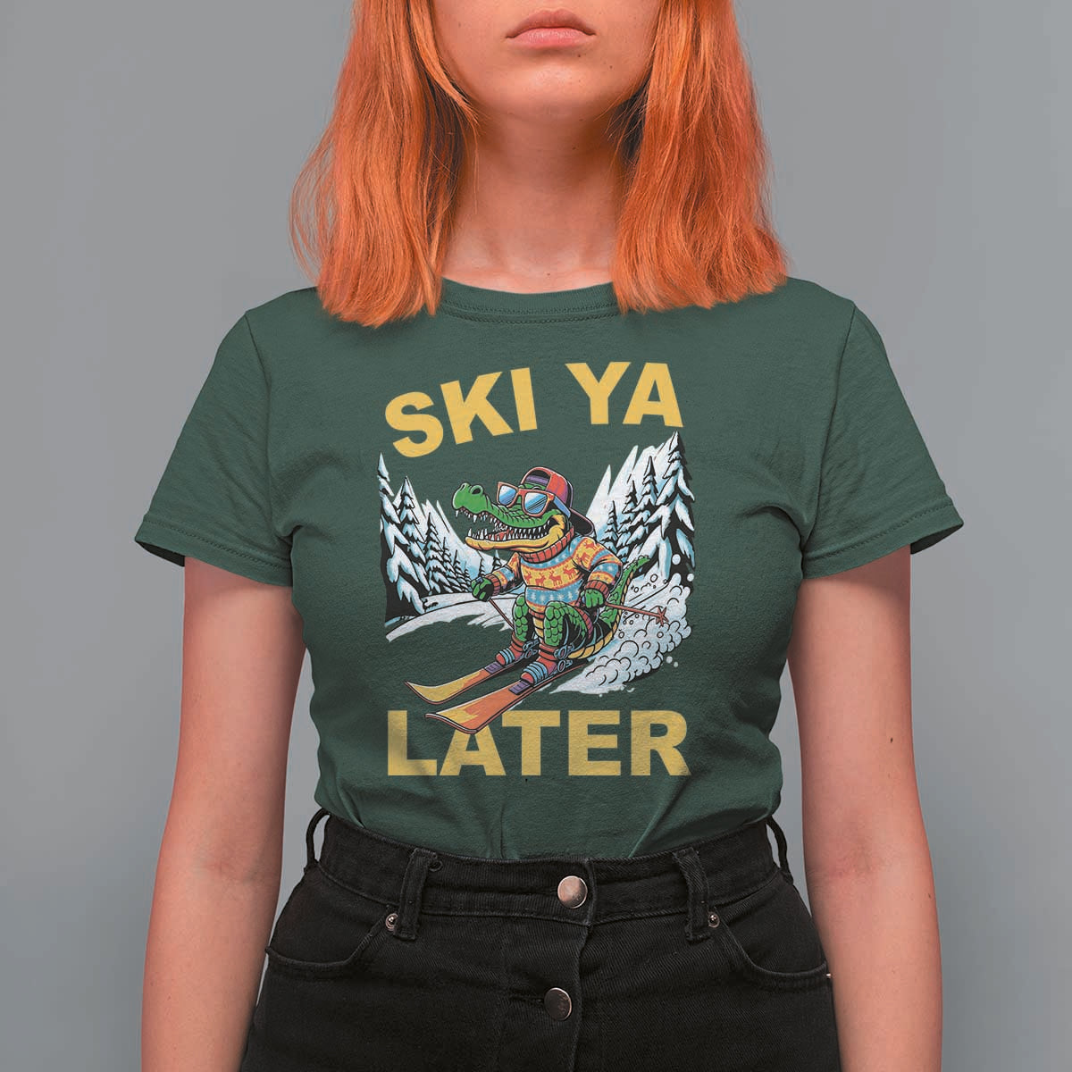 Funny Skiing Alligator T Shirt For Women Ski Ya Later Skier Snow Mountain Winter Sport - Wonder Print Shop