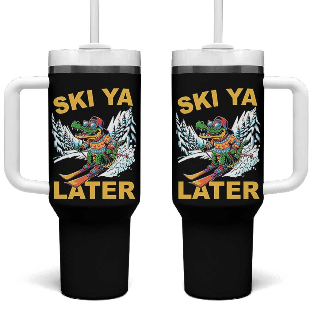 Funny Skiing Alligator Tumbler With Handle Ski Ya Later Skier Snow Mountain Winter Sport - Wonder Print Shop