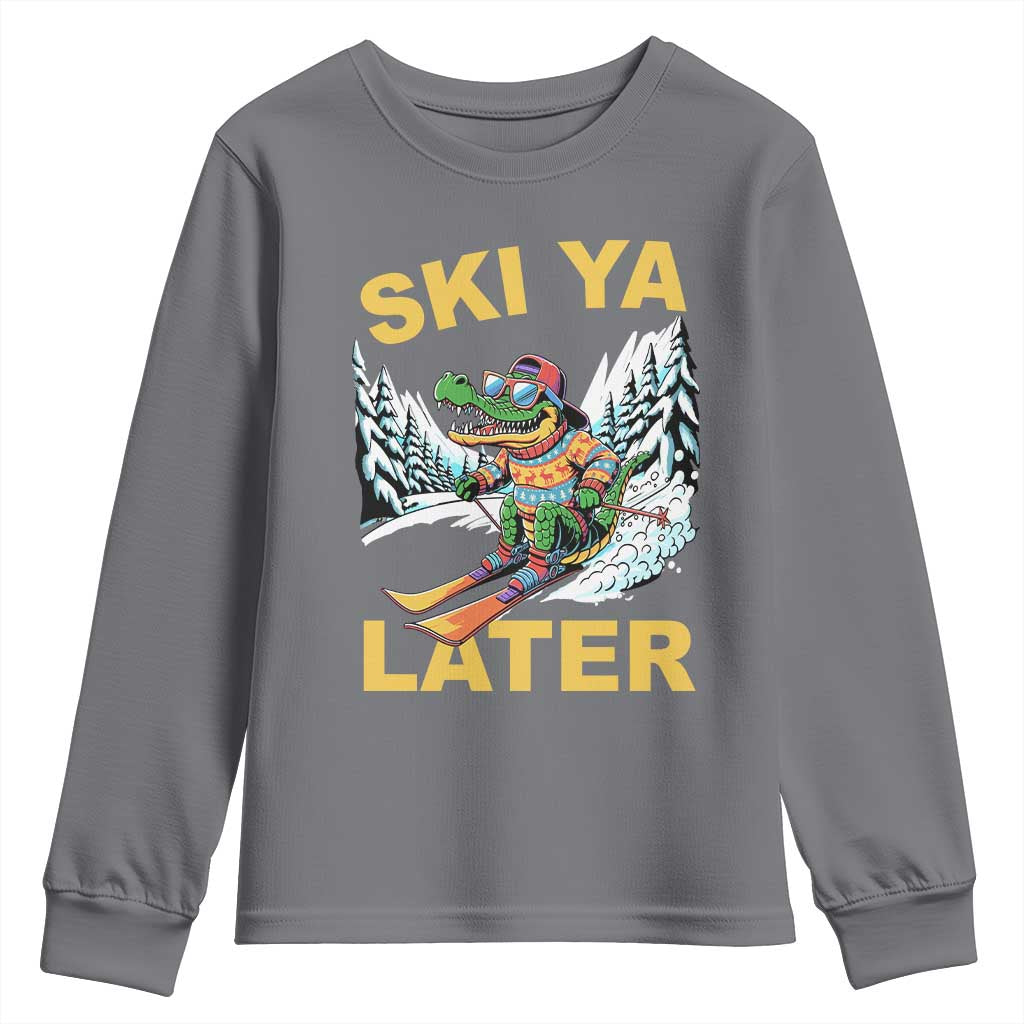 Funny Skiing Alligator Youth Sweatshirt Ski Ya Later Skier Snow Mountain Winter Sport - Wonder Print Shop