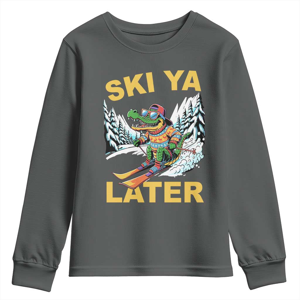 Funny Skiing Alligator Youth Sweatshirt Ski Ya Later Skier Snow Mountain Winter Sport - Wonder Print Shop