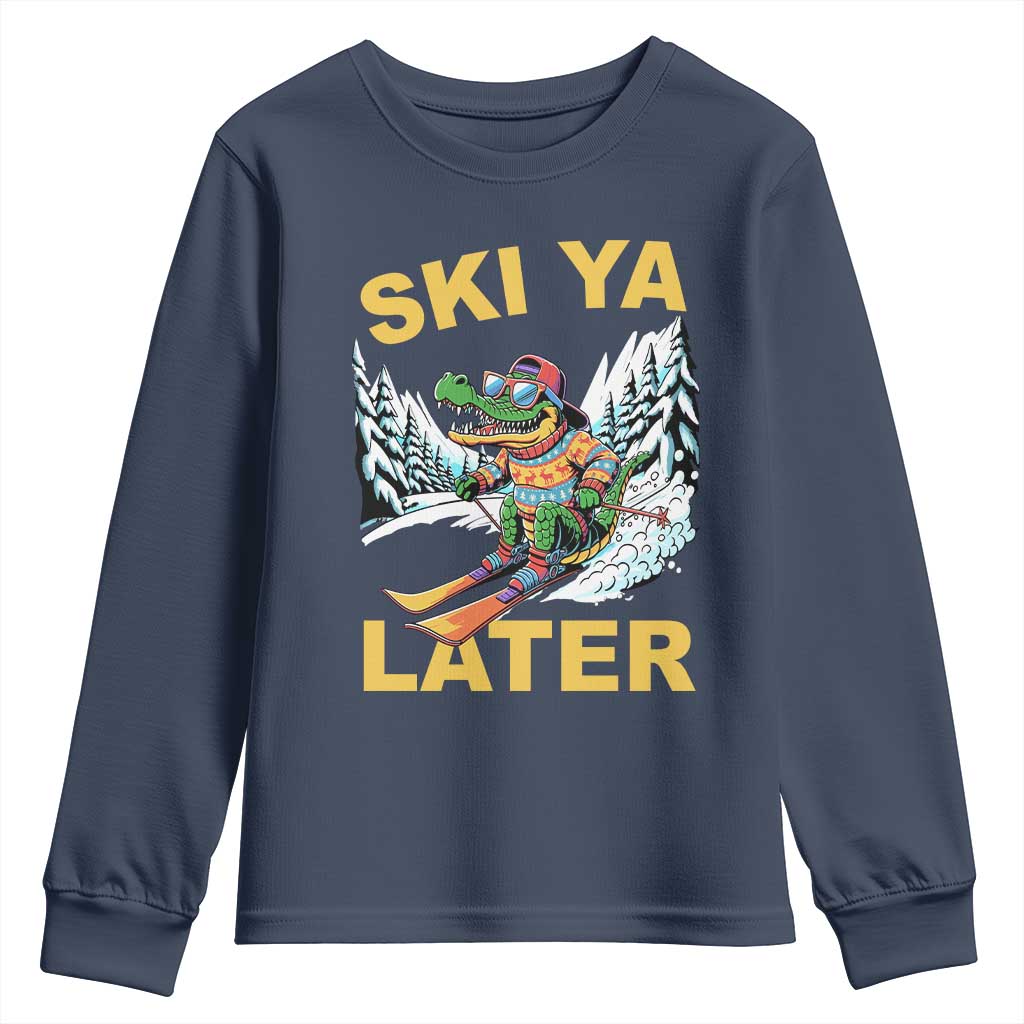 Funny Skiing Alligator Youth Sweatshirt Ski Ya Later Skier Snow Mountain Winter Sport - Wonder Print Shop