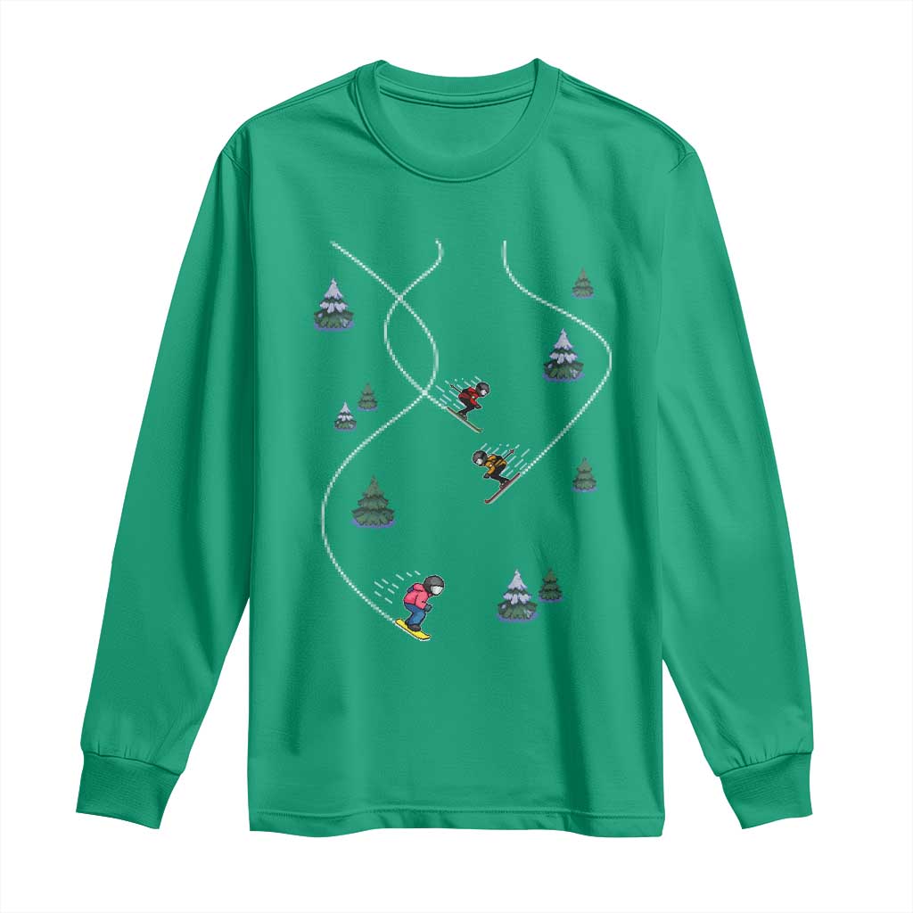 Funny Pixel Ski Snowboard Winter Sport Game Lover Long Sleeve Shirt - Wonder Print Shop