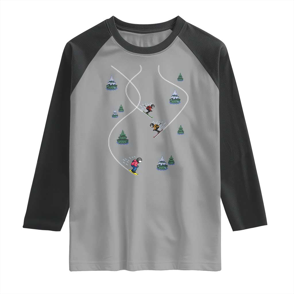 Funny Pixel Ski Snowboard Winter Sport Game Lover Raglan Shirt - Wonder Print Shop