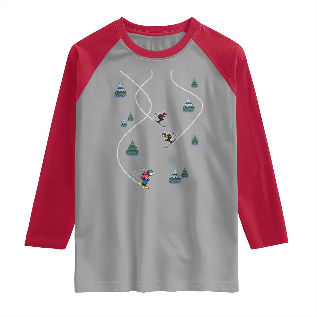 Funny Pixel Ski Snowboard Winter Sport Game Lover Raglan Shirt - Wonder Print Shop
