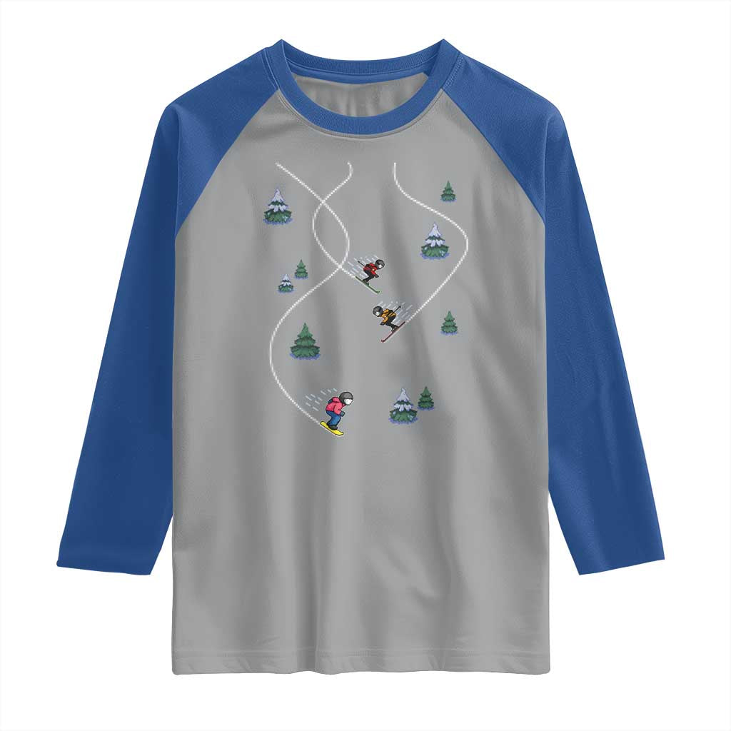 Funny Pixel Ski Snowboard Winter Sport Game Lover Raglan Shirt - Wonder Print Shop