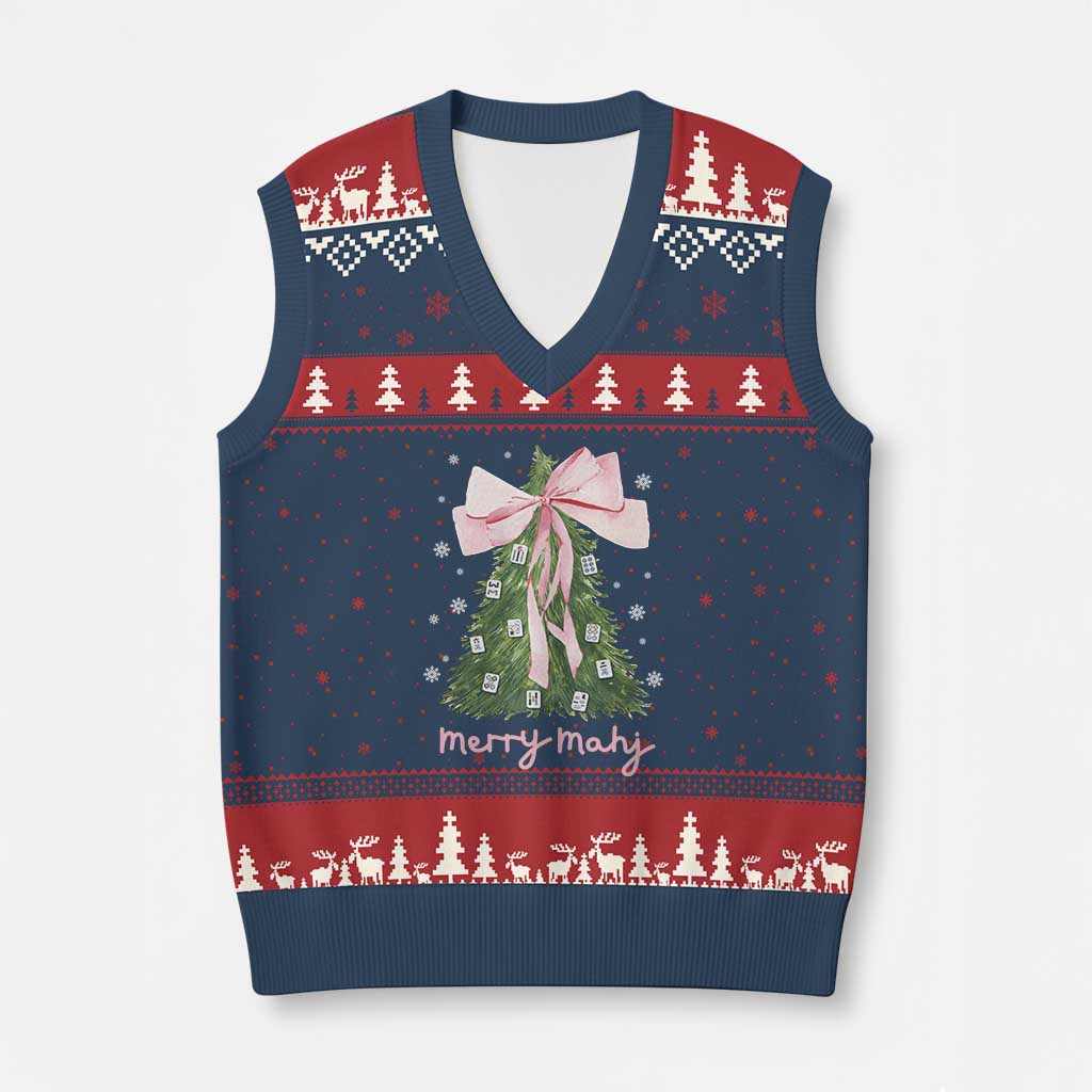 Funny Xmas Mahjong V-Neck Knit Sweater Vest Merry Mahj Xmas Tree Gambling Chinese Game - Wonder Print Shop
