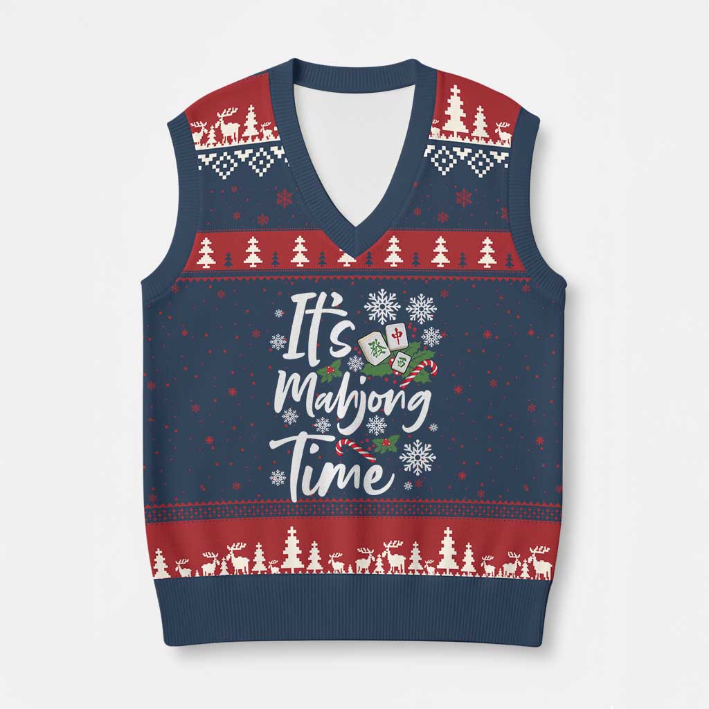 Funny Xmas Mahjong V-Neck Knit Sweater Vest It Is Mahjong Time Gambling Xmas Chinese Game - Wonder Print Shop
