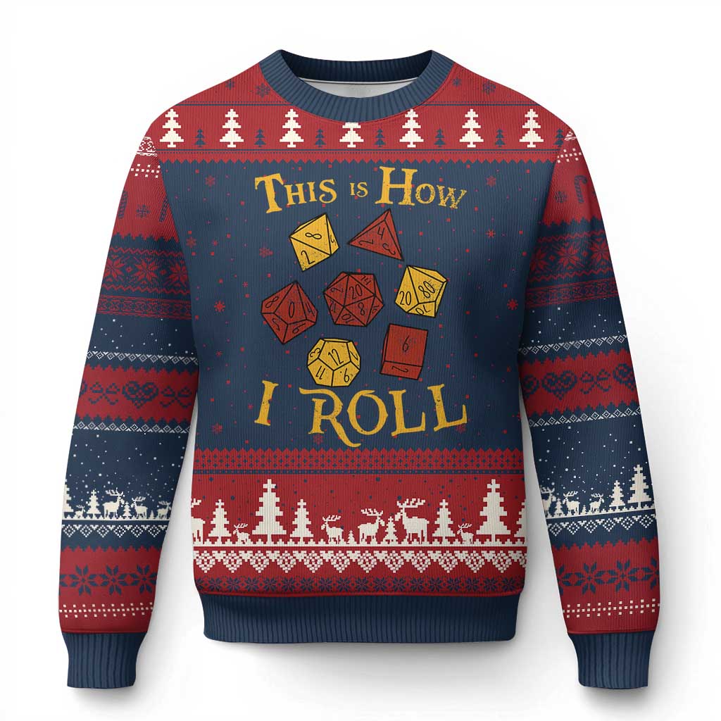 Funny RPG Tabletop Dice Ugly Christmas Sweater This Is How I Roll Vintage D20