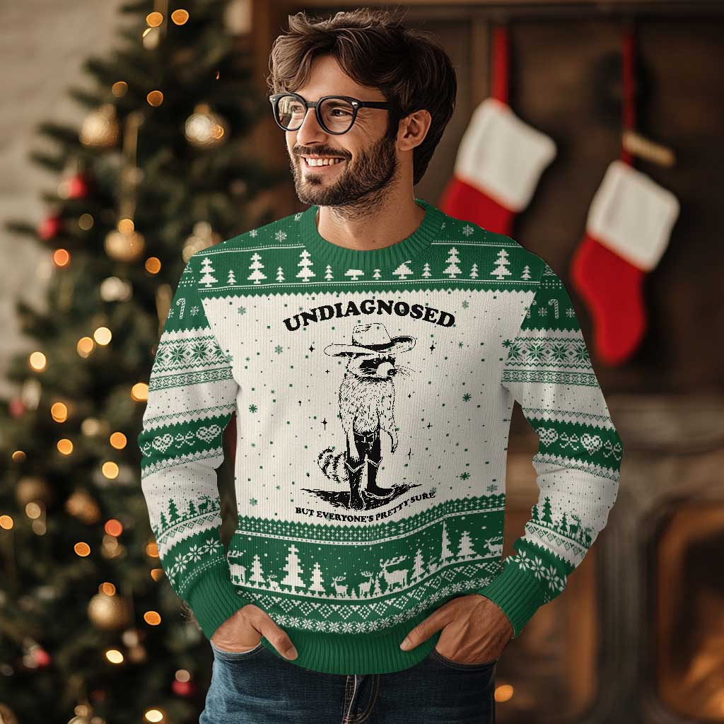 Funny Undiagnosed But Everyone's Pretty Sure Ugly Christmas Sweater Cowboy Racoon - Wonder Print Shop