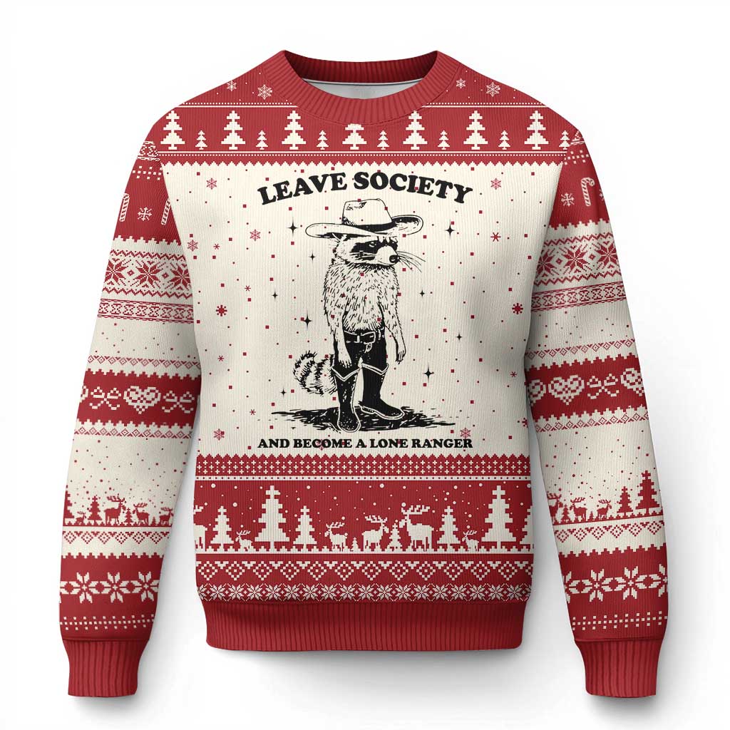 Funny Leave Society And Become A Lone Ranger Ugly Christmas Sweater Cowboy Racoon - Wonder Print Shop