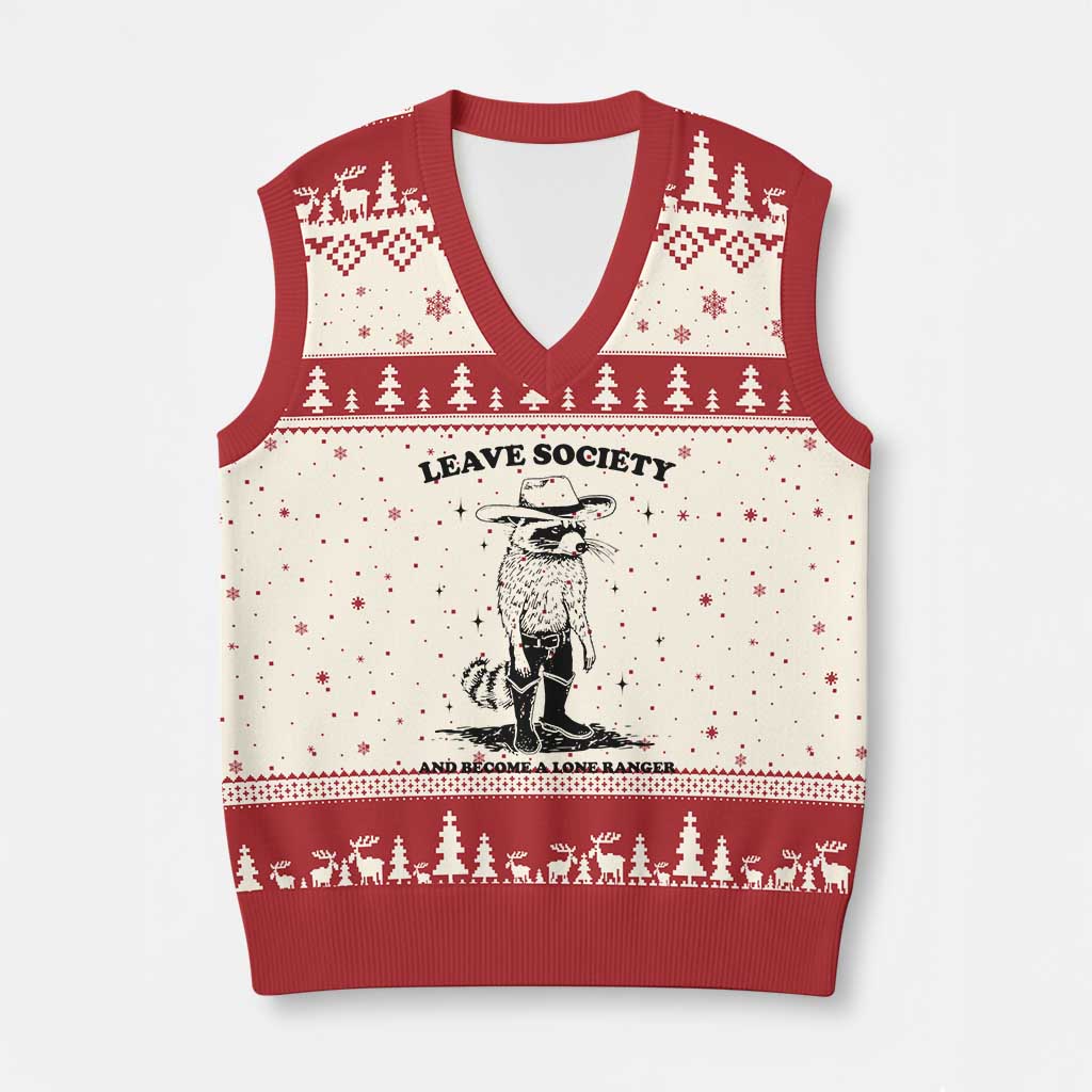 Funny Leave Society And Become A Lone Ranger V-Neck Knit Sweater Vest Cowboy Racoon - Wonder Print Shop