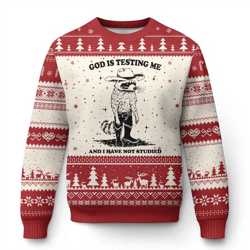 Funny God Is Testing Me And I Have Not Studied Ugly Christmas Sweater Cowboy Racoon - Wonder Print Shop