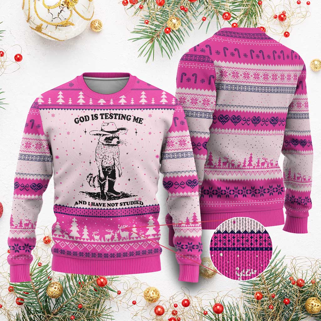 Funny God Is Testing Me And I Have Not Studied Ugly Christmas Sweater Cowboy Racoon - Wonder Print Shop