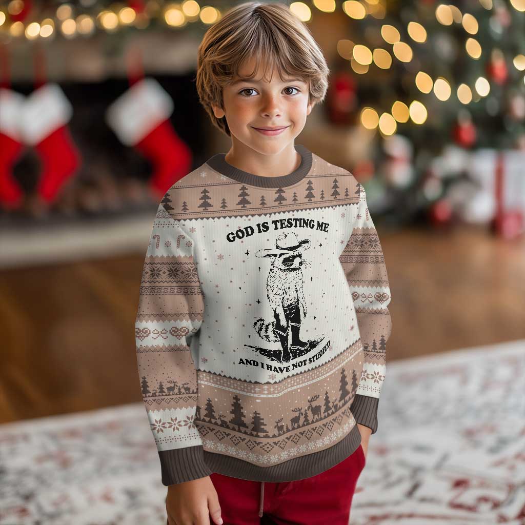 Funny God Is Testing Me And I Have Not Studied Ugly Christmas Sweater Cowboy Racoon - Wonder Print Shop