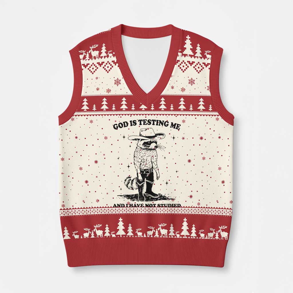 Funny God Is Testing Me And I Have Not Studied V-Neck Knit Sweater Vest Cowboy Racoon - Wonder Print Shop