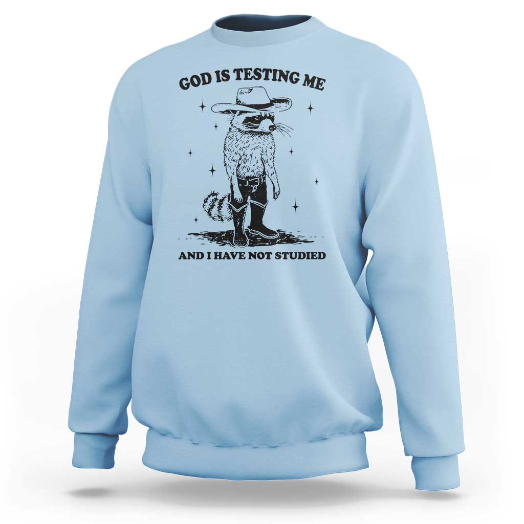 Funny God Is Testing Me And I Have Not Studied Sweatshirt Cowboy Racoon