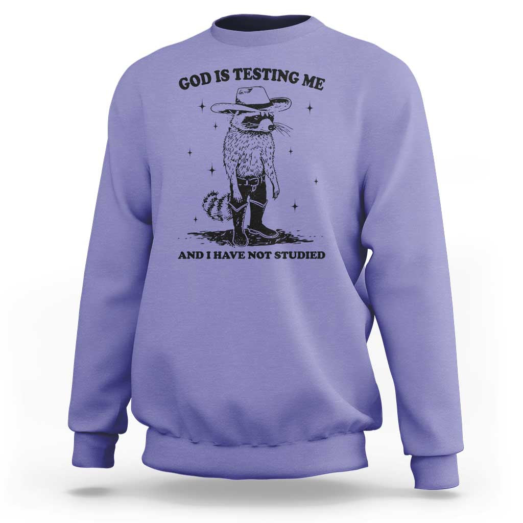 Funny God Is Testing Me And I Have Not Studied Sweatshirt Cowboy Racoon