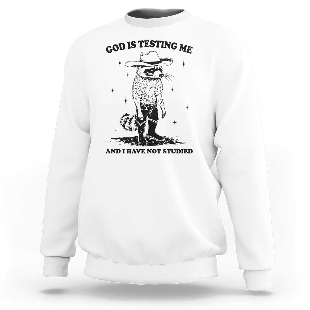 Funny God Is Testing Me And I Have Not Studied Sweatshirt Cowboy Racoon