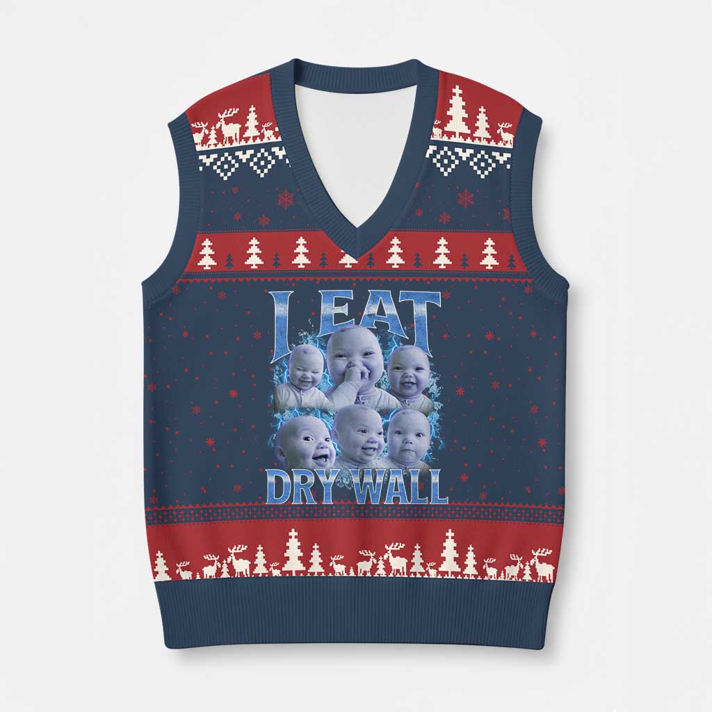 Funny AI Baby Meme Laughing V-Neck Knit Sweater Vest I Eat Dry Wall Baby Brainrot - Wonder Print Shop
