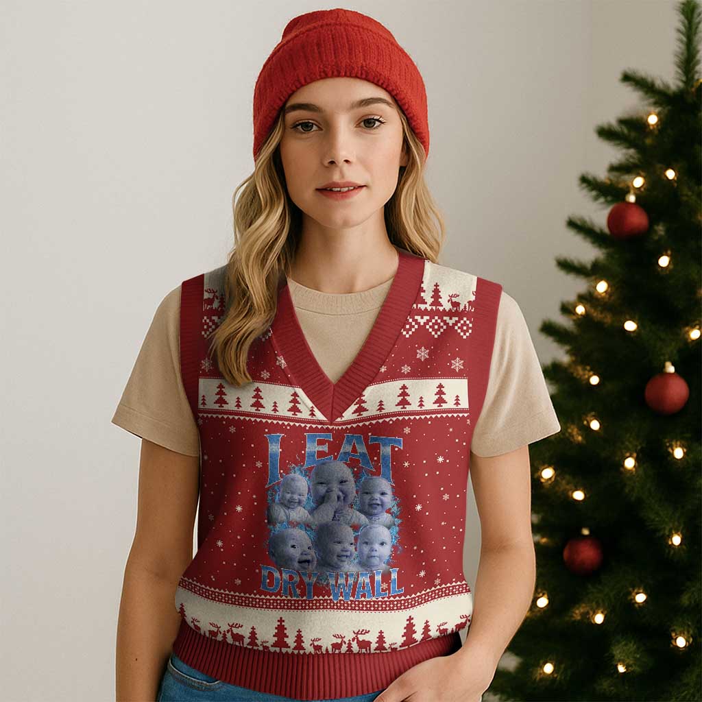 Funny AI Baby Meme Laughing V-Neck Knit Sweater Vest I Eat Dry Wall Baby Brainrot - Wonder Print Shop